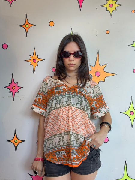 Sheer Elephant Print Cotton Boho Layering Top Earthy Fairy Resort Grunge | M