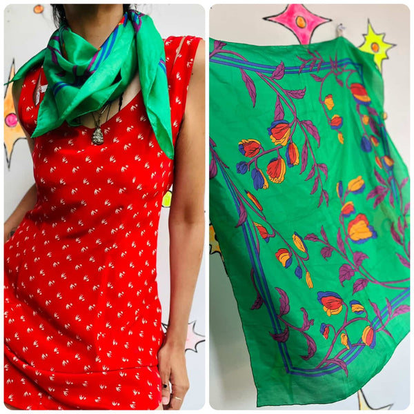 Vintage Green Silk Floral Scarf – Fairy Boho Pirate Grunge – Romantic – 29” Square