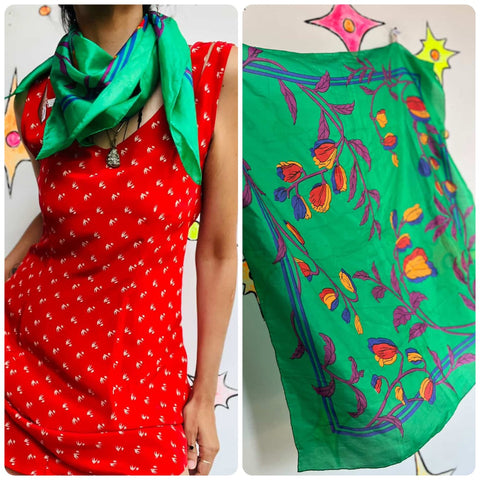 Vintage Green Silk Floral Scarf – Fairy Boho Pirate Grunge – Romantic – 29” Square