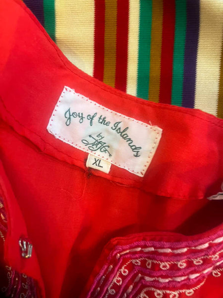 Vintage Cherry Red Boho Embroidered Cotton Blouse – Peasant Folk Top – Flowy XL