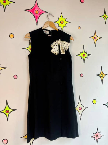 Vintage 60s 70s Black & White Mod GoGo Mini Dress Polka Dot Pussy Bow M