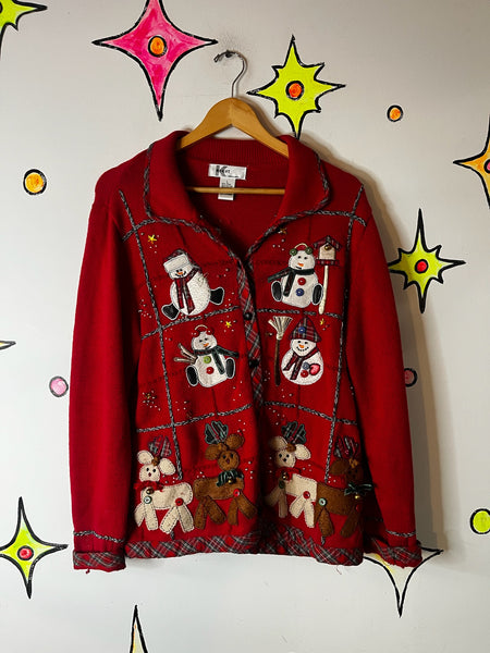 Vintage Embellished 80s 90s Red Ugly Tacky Christmas Sweater Cardigan Snowman L