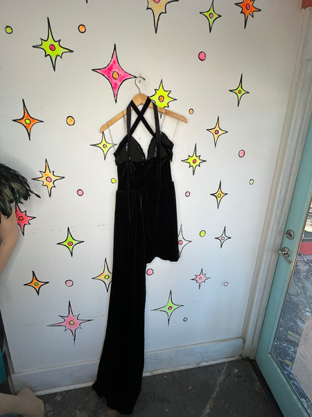 Black Velvet Beaded Gown Sheer Cutout Gothic Formal Dress with Train Size M