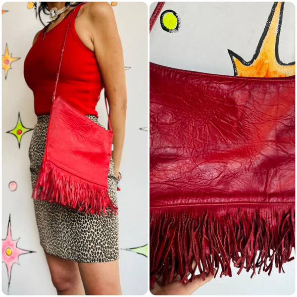 Vintage Red Leather Fringe Crossbody Bag – Western Rock ‘n’ Roll Glam – 80s/90s