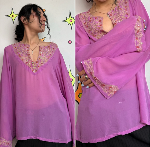 Beaded Silk Blouse Purple Gold Boho Sheer Witchy Luxe Embellished Silk Top 2X
