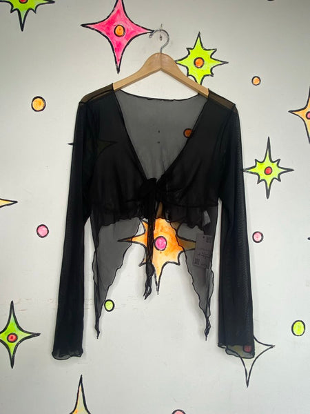 Black Sheer Goth Layering Wrap Top Bell Sleeves Lettuce Hem Whimsigoth L