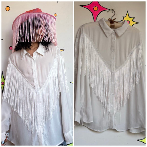 White Fringe Western Shirt | Cowboy Core Rodeo Fringe Button Up Oversized XL
