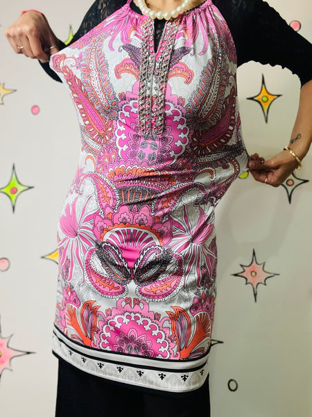 Vintage 90s Retro 60s 70s Mod GoGo Psychedelic Pink Paisley Mini Party Dress PS
