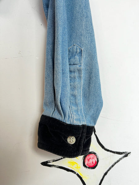 90s Grunge Denim Crop Top | Velvet Collar & Cuffs | Long Sleeve Button-Up (S)