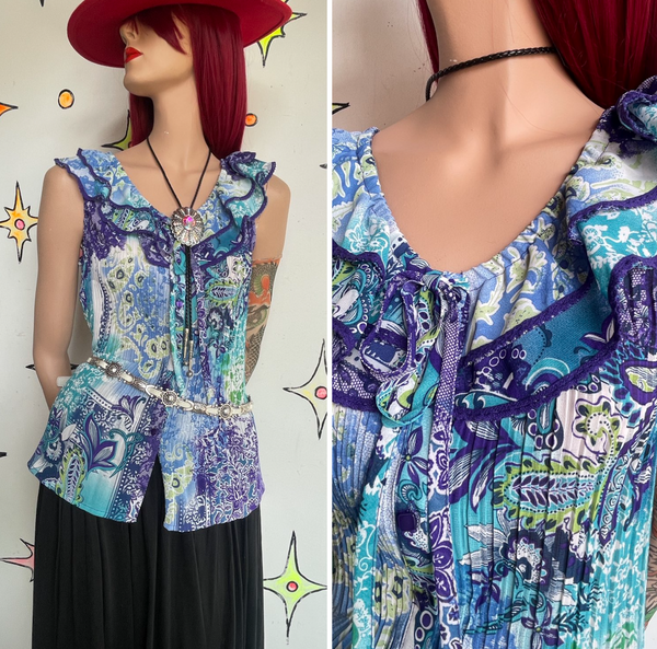 Turquoise Purple Pleated Ruffled Floral Paisley Tattoo Print Whimsy Fairy Top L