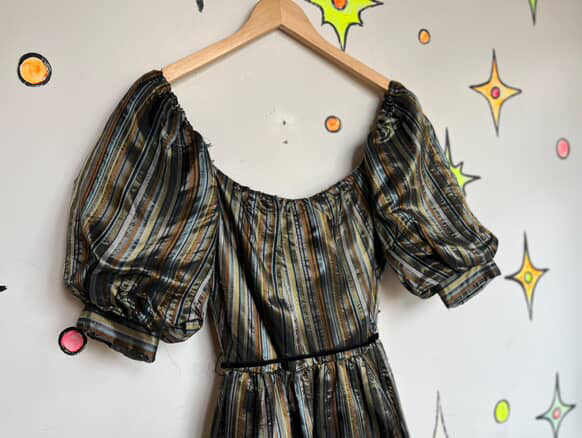 Vintage 80s Silver & Gold Poofy Princess Party Glam Prom Dress w Velvet Belt – S