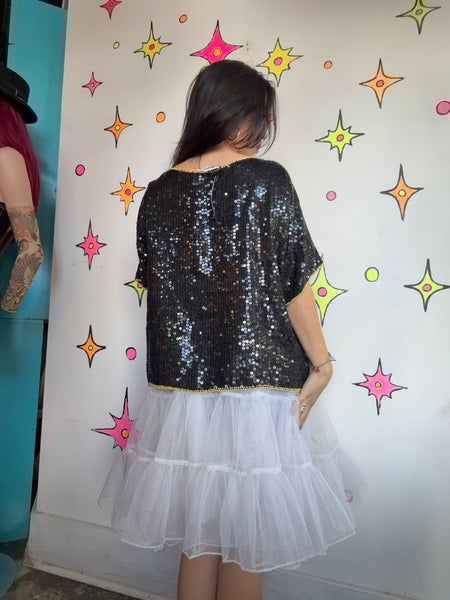 Vintage 80s Black Gold Sequin Party Blouse Maximalist Holiday Glam Disco Top