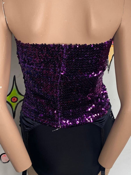 Purple Sequin Tube Top 80s Disco Party Retro Glam Festival Top S/M