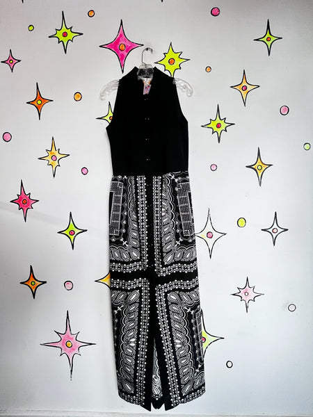 Vintage 70s Black and White Geometric Maxi Dress | Dagger Collar Retro | Size M