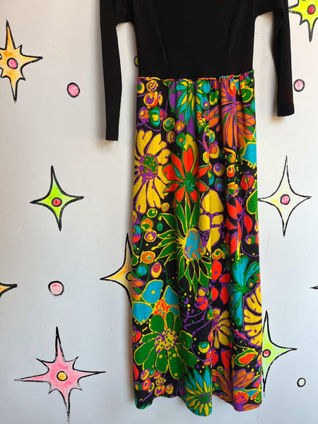70s Psychedelic Floral Maxi Dress - Rainbow - Boho Fairy Grunge Witch - Small