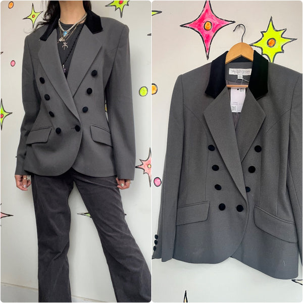 Vintage 90s | Valerie Stevens Gray Black Goth Grunge Punk Jacket Wool Blazer | 6