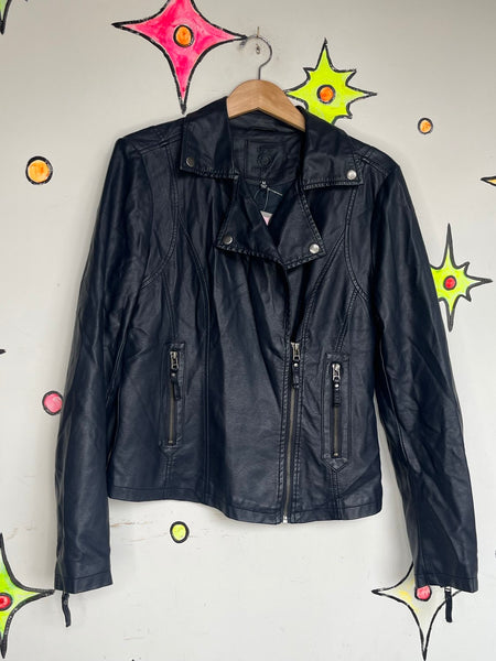 Vintage Y2K Navy Vegan Leather Moto Jacket Glam Grunge Rocker - M