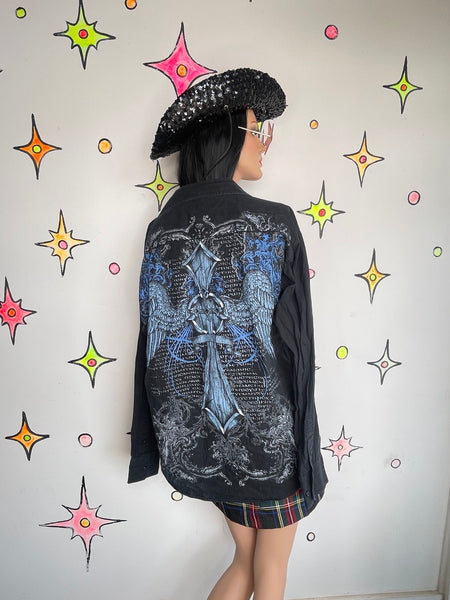 Y2K Affliction Style Tattoo Print Button-Up Black & Blue Graphic Shirt L/XL