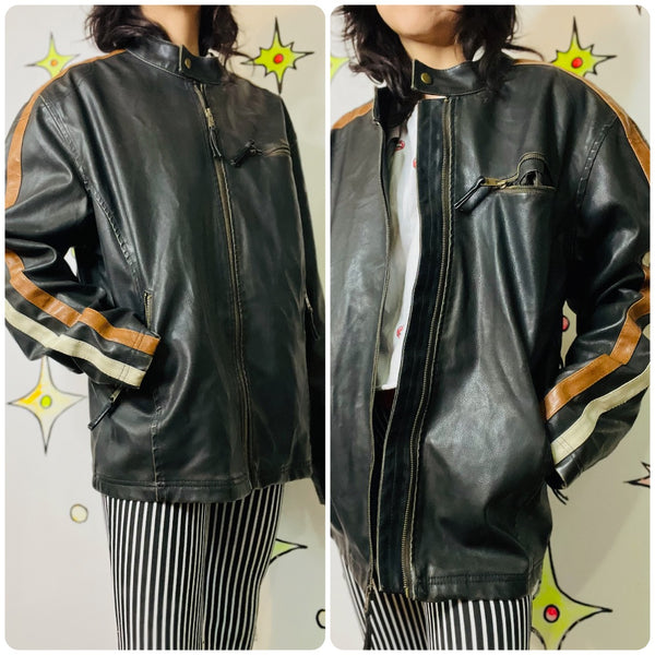 Vintage Y2K Striped Moto Racing Jacket – Vegan Leather – Double Stripe – Large