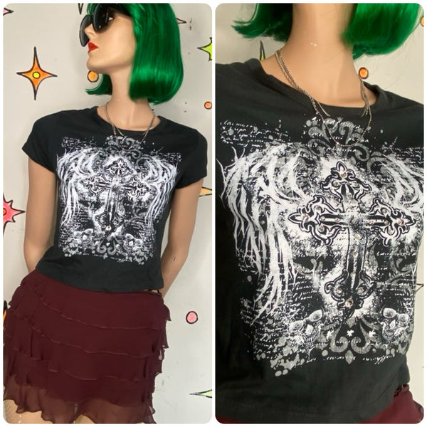 Y2K Hot Topic McBling Goth Tattoo Baby Tee Graphic Crop Top Black L