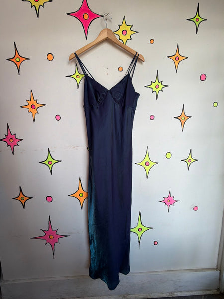 Vintage 90s Blue Iridescent Maxi Slip Dress | Fairy Grunge Y2K Glam Small Medium
