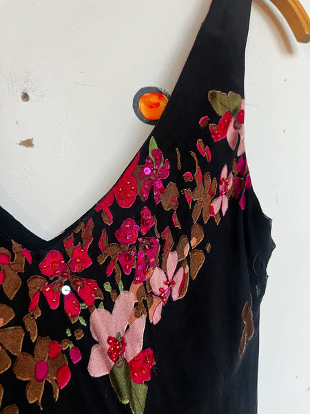 90s Y2K Black Witchy Boho Silk Fairy Grunge Slip Dress – Siren Floral Beaded 6P