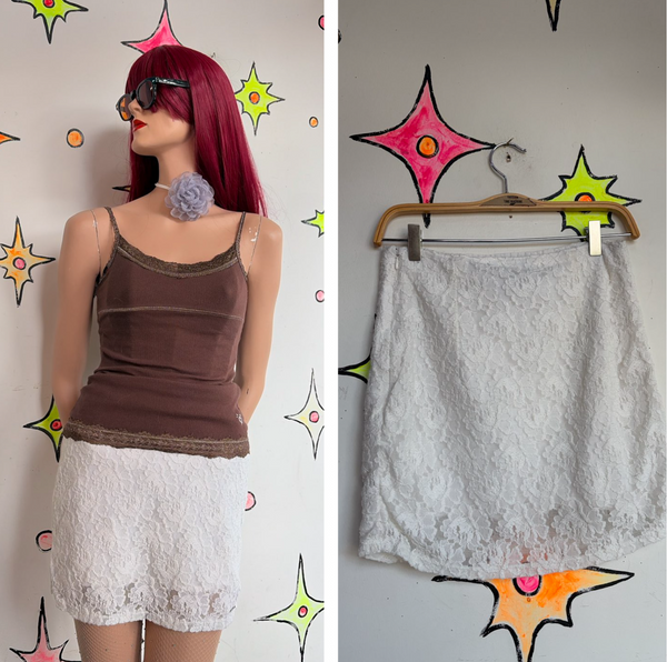 White Lace Abercrombie Pencil Mini Skirt Art Deco Rococo Dollcore Grunge S