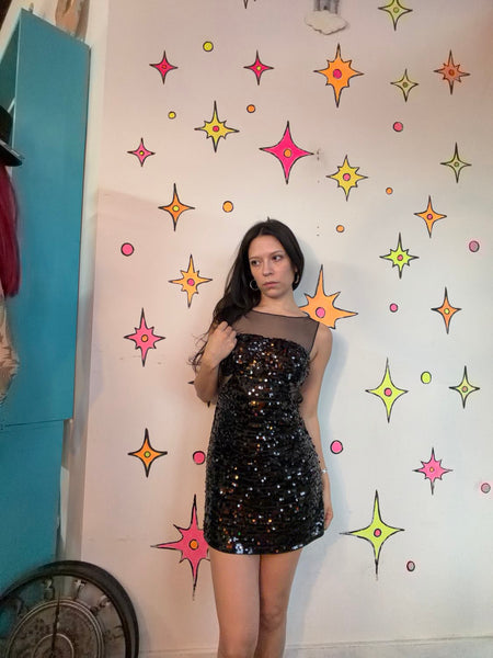 Black Beaded Mini Dress Sheer Cutout Cocktail Party Goth Glam Dress S