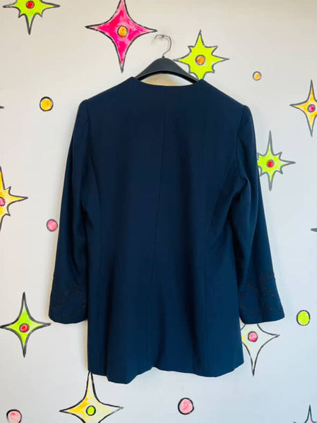 Vintage 80s 90s Navy, Black Embroidered Wearable Art Blazer Office Glam Size 12