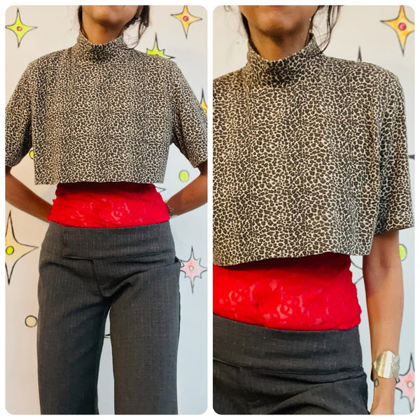 Vintage Cropped Cutoff Tee - Leopard Print - 90s Grunge Glam - Size Small