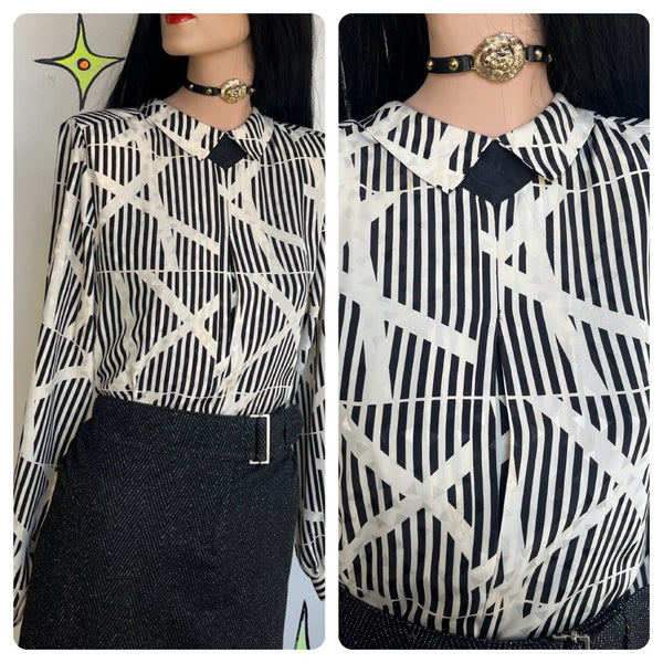 Vintage 80s Geometric Print Office Siren Blouse Power Top Secretary Chic 9/10