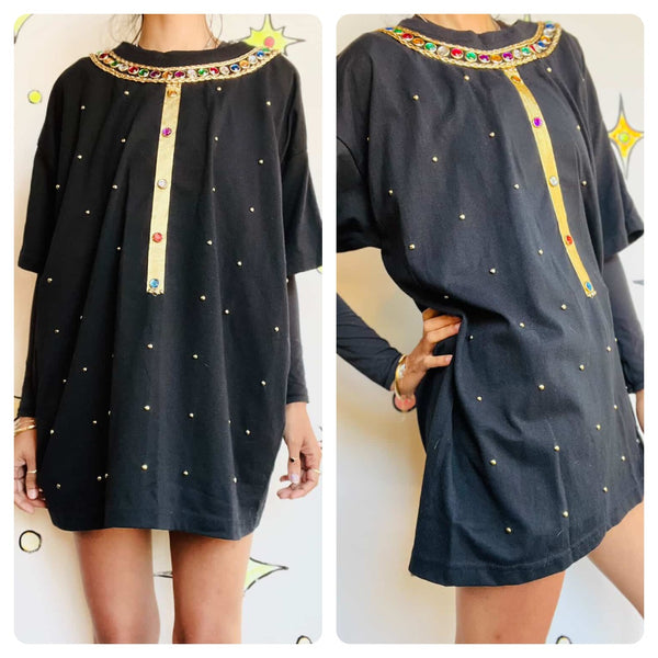 Vintage 1980s | Black Embellished Punk Goth Bedazzled T Shirt | Free Size
