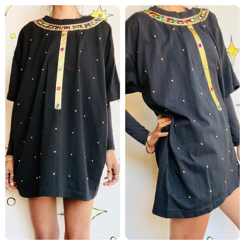 Vintage 1980s | Black Embellished Punk Goth Bedazzled T Shirt | Free Size