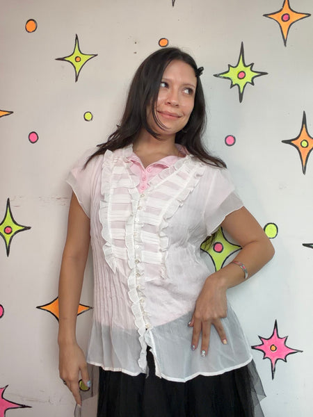 Vintage Y2K Sheer Ruffle Romantic Poet Blouse Edwardian Boho Fairy Top L