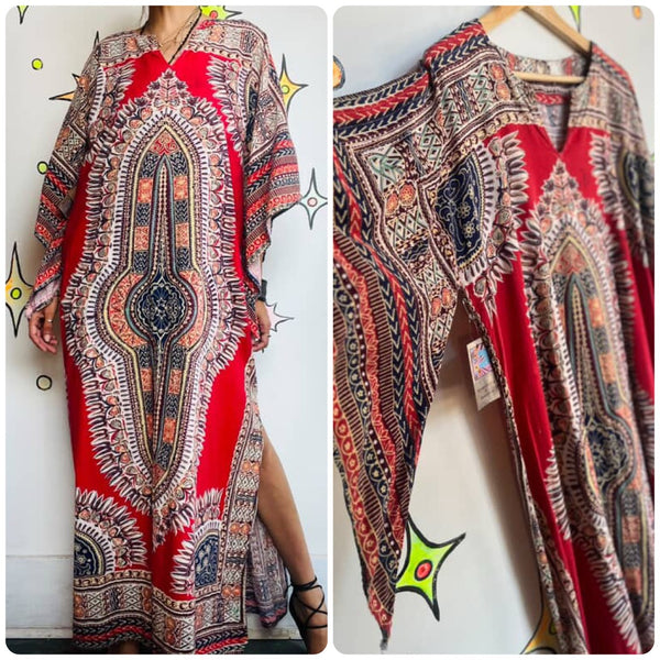Vintage African Dashiki Maxi Dress - Boho Ethnic Print - Unisex Festival Wear