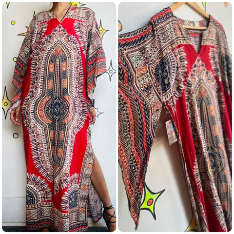 Vintage African Dashiki Maxi Dress - Boho Ethnic Print - Unisex Festival Wear