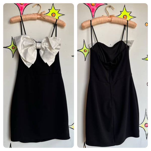 Vintage 90s Y2K | Black and White Big Bow Glam Mini Slip Party Dress | Size 7/8