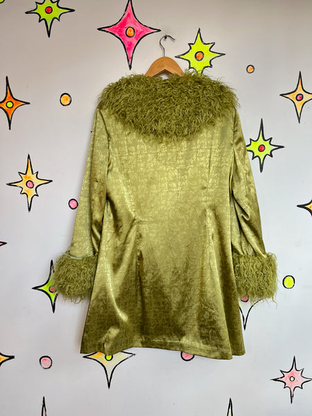 Vintage 90s Y2K Silky Lime Green Robe Boho Grunge Glam Coat w Faux Fur Trim - M