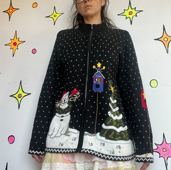 80s Quacker Factory Christmas Sweater Tacky Ugly Christmas Cat Snowman Tree M