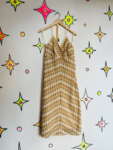 90s Y2K Earth-Tone Zigzag Embroidered Halter Dress - Fairy Grunge - Sz 4