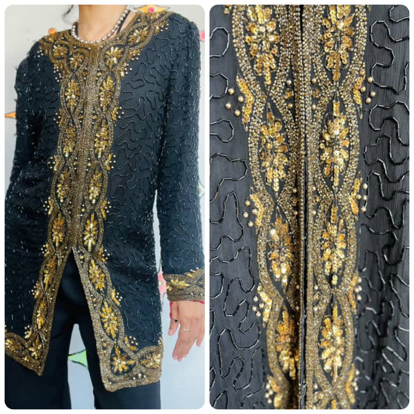 Vintage 80s Black & Gold Sequin Beaded Jacket - Pirate Glam Rock - AS IS - S/M