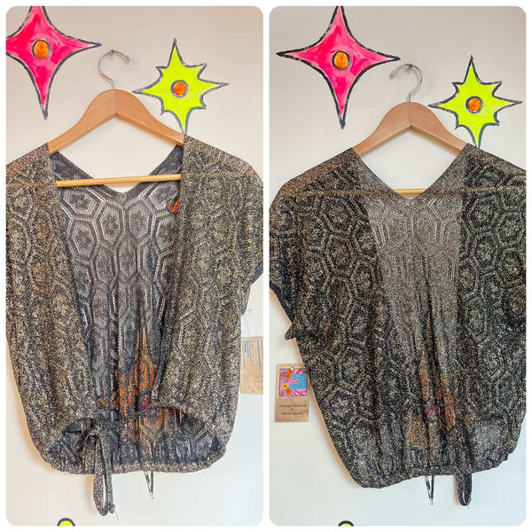 Vintage 70s Gold & Black Sparkle Disco Party Blouse Open Back – Made in Japan ML