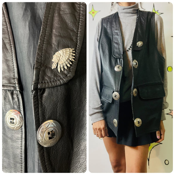 Vintage Thrashed Black Leather Western Boho Grunge Biker Vest Silver Conchos ML