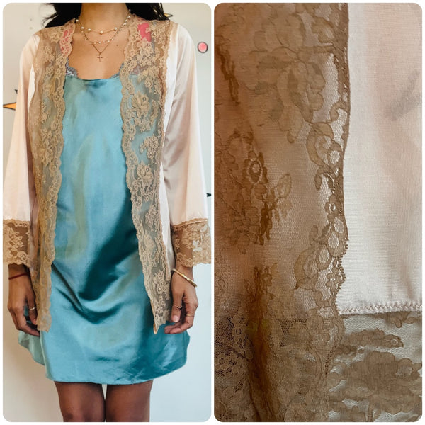 Vintage 70s Pink Lace Robe – Lingerie Nighty Boudoir Bed Jacket Babydoll S