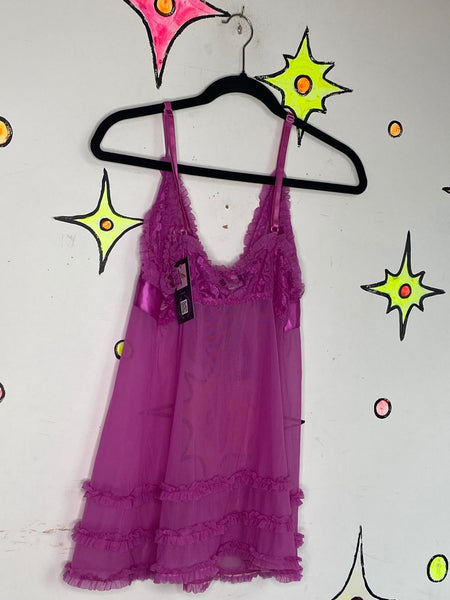 Fuchsia Pink Lace Babydoll Slip Dress Fredericks of Hollywood Y2K L