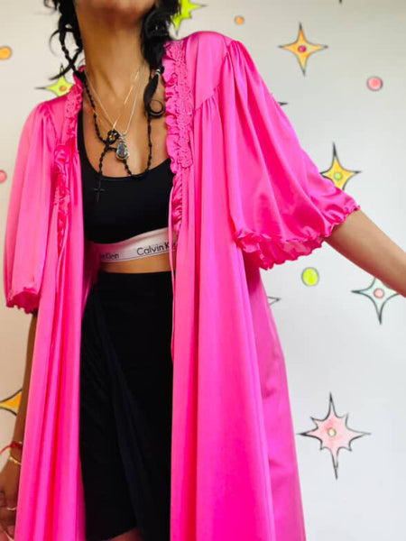 Vintage 60s 70s Babydoll Grunge Pink Nylon Nighty Robe w Bow