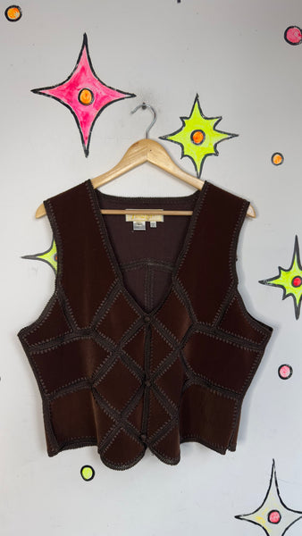 Vintage Brown Western Embroidered Vest | Crochet Panel Vegan Suede Boho Grunge L