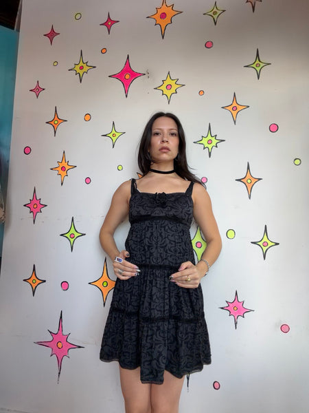Betsey Johnson Black Velvet Babydoll Dress Whimsy Goth Romantic Grunge Y2K M