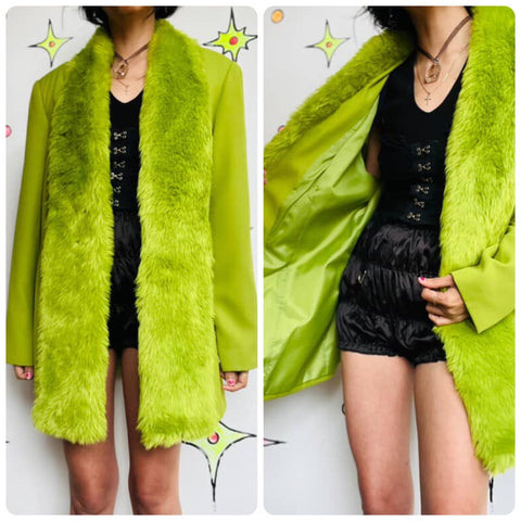 Vintage 90s Lime Green Grunge Coat w/ Faux Fur Collar | Stella Louise | Size 16