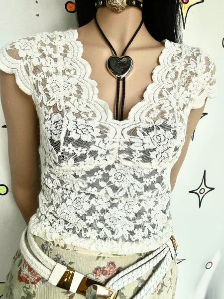 Vintage 90s | Off White Sheer Lace Rococo Babydoll Steampunk Crop Top Blouse | S